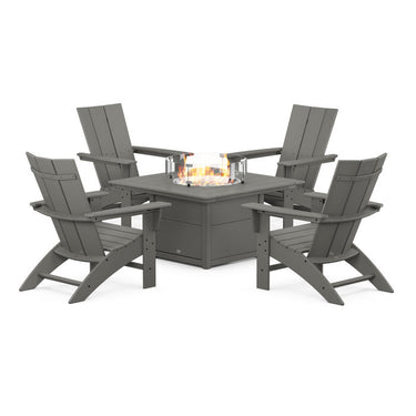 POLYWOOD Modern 5-Piece Curveback Adirondack Conversation Set w/ Fire Pit Table - Black